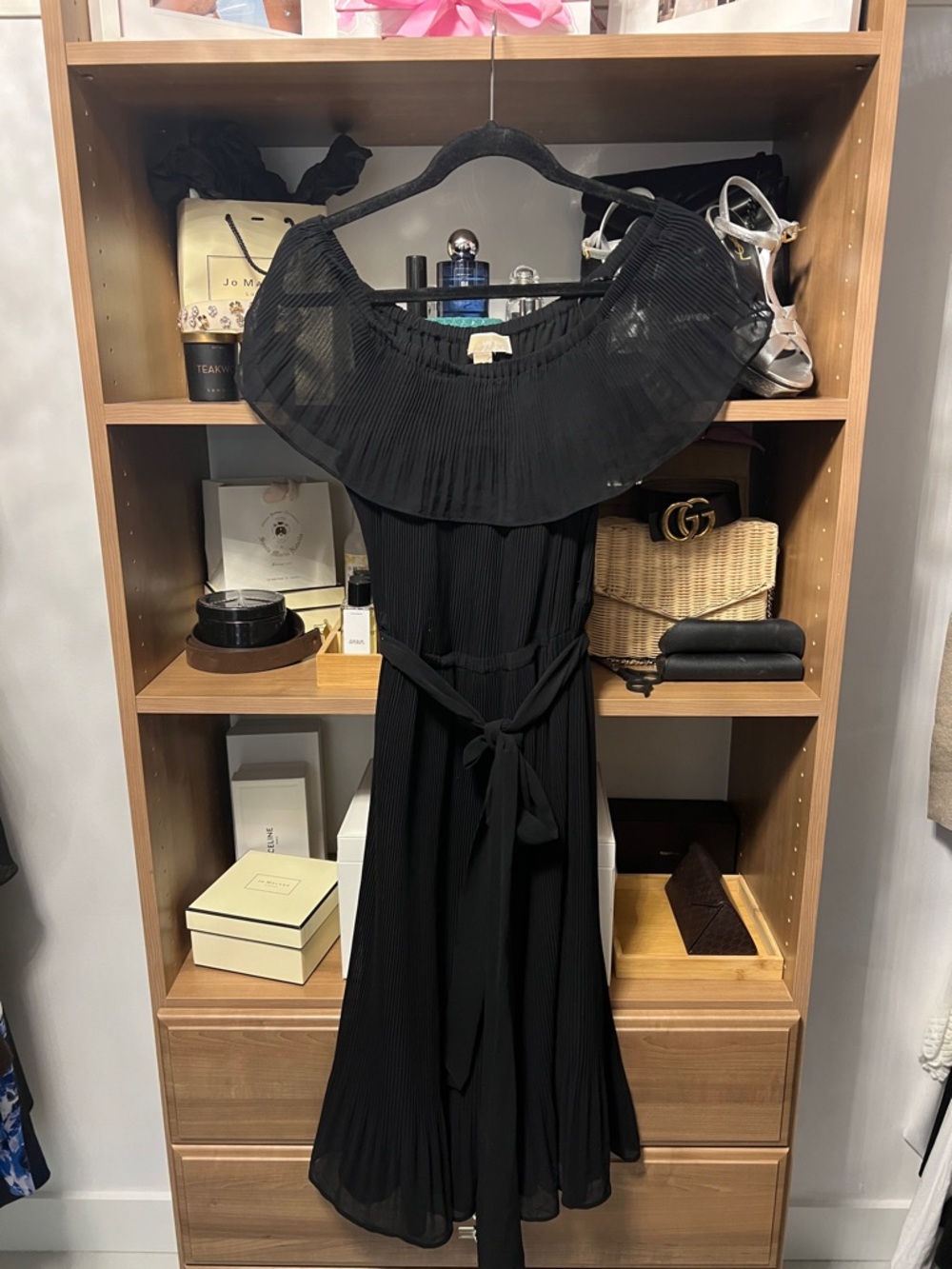 Michael Kors Black Off-the-Shoulder Midi Dress with Tie Waist